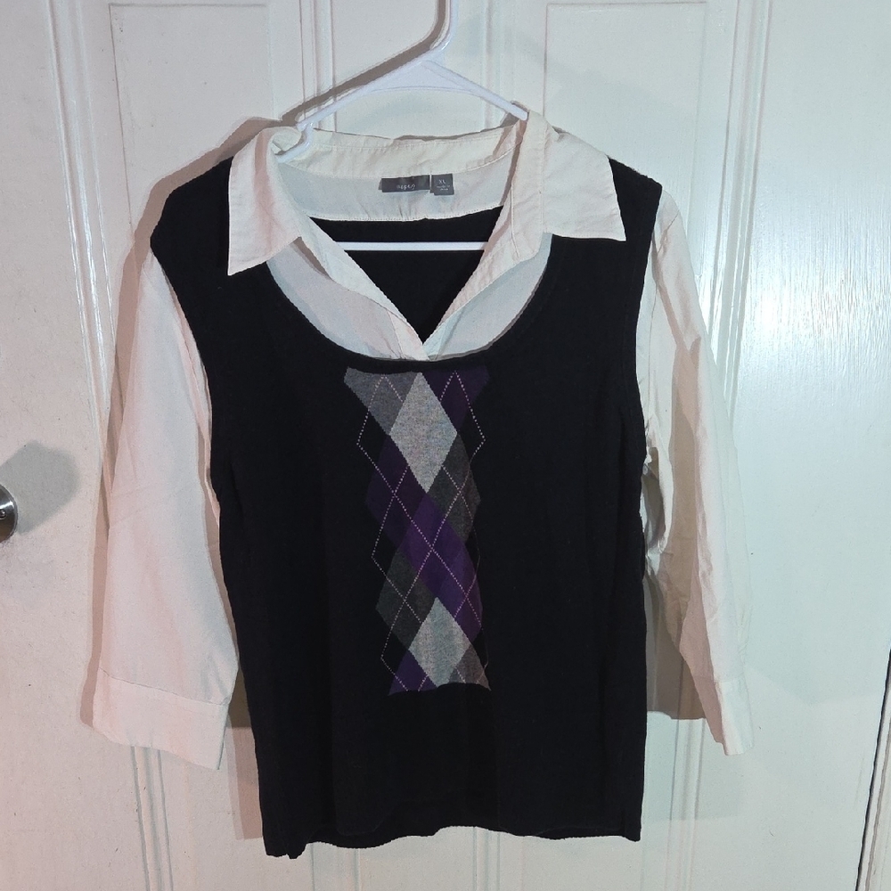 White Button Down Shirt with Notched Collar and Black Accents